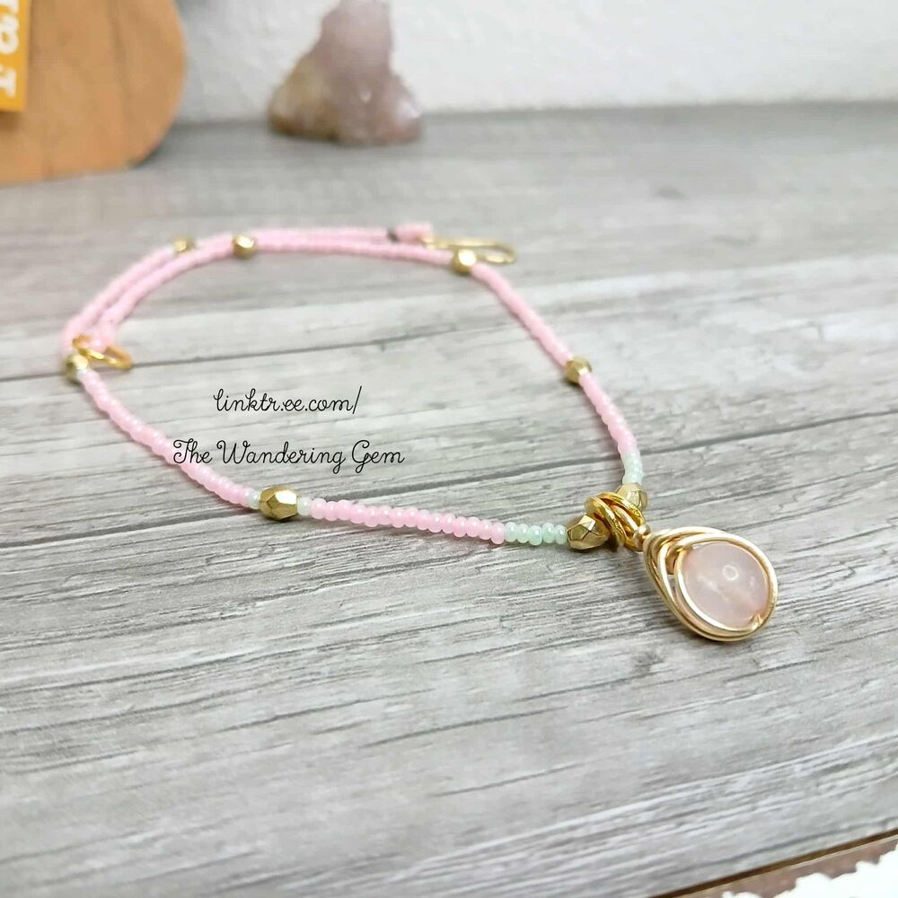 Dainty Rose Quartz Crystal Beaded Choker Necklace, Pink Gold 12"